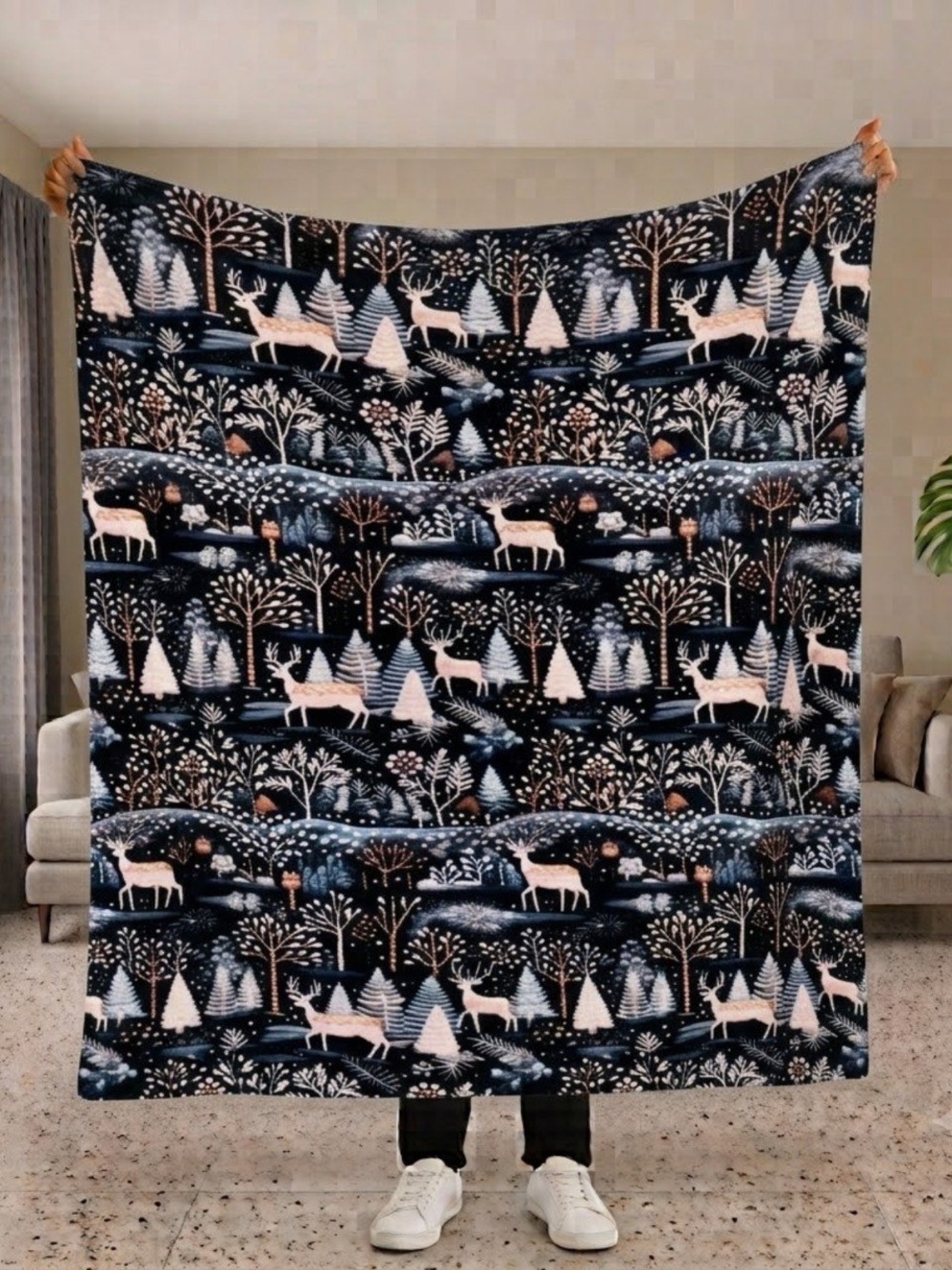 Cozy Woodland Deer Holiday sherpa Blanket - Navy & Cream